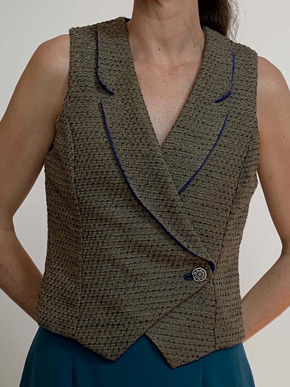 Handmade Tailored Tweed Wrap Vest | Size 10-12 | Olive/Brown, Royal Blue